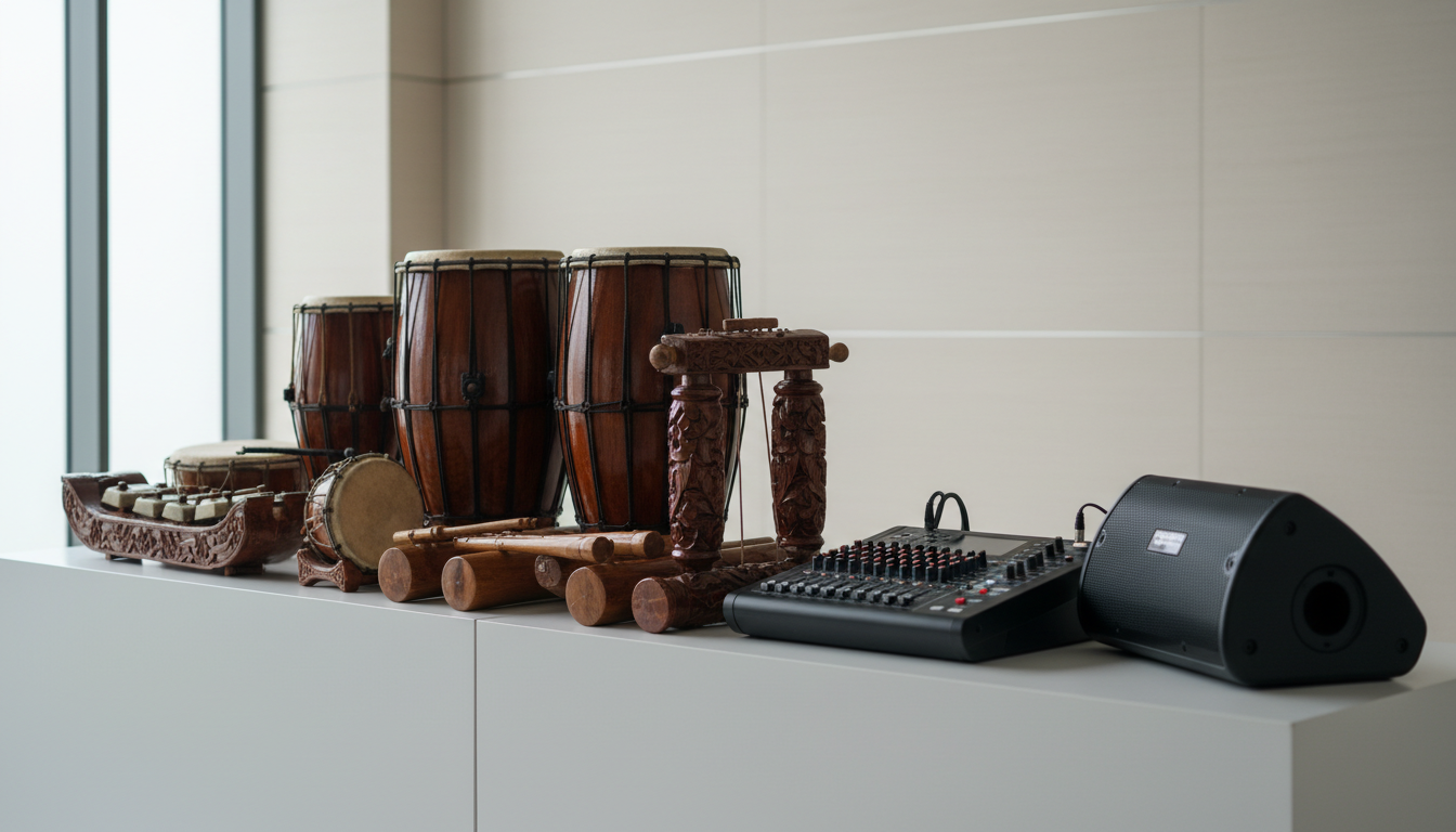 A set of traditional Batak musical instruments—taganing drums and wooden gondang, intricately hand-carved and finished in deep brown lacquer—neatly arranged beside a sleek, modern sound mixer and stage monitor speaker on a minimalist white tabletop. The background is a spacious, contemporary hall with neutral walls and subtle linear patterns, visually merging cultural heritage and advanced technology. Soft, indirect daylight from large windows casts diffuse light, creating soft-edged reflections and gentle gradients of shadow. Captured at an eye-level, three-quarter angle using balanced composition, the aesthetic is clean, neutral, and professional, supporting both modern and traditional event requirements in a corporate, photographic style.