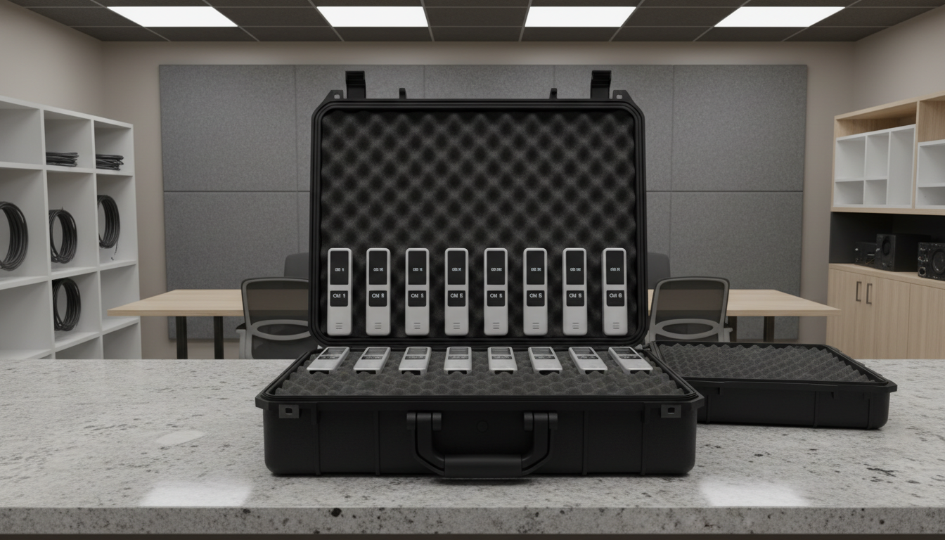 An array of high-fidelity wireless microphones, each with a brushed metal housing and understated digital display, resting neatly in a custom foam-lined black carrying case atop a smooth granite countertop. The setting is a meticulously organized backstage area with neutral, muted tones and clean, straight-lined furnishings. Soft, diffused artificial lighting illuminates the microphones, accentuating their flawless finishes and casting subtle, elongated shadows that enhance depth. The composition uses a slightly elevated angle with rule-of-thirds placement, emphasizing order and professionalism. The mood is calm and focused, aligning with a corporate and trustworthy service identity, featuring a minimalist, photographic style.