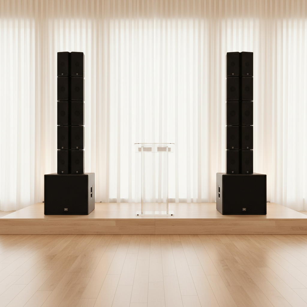 A professionally-installed stage sound system with symmetrical tall line-array speakers and robust subwoofers, flanking a clear acrylic podium, all arranged on an expansive, polished wooden platform inside a bright, modern wedding venue. The space features floor-to-ceiling sheer drapes and strategically placed uplights that bathe the system in soft, natural-toned illumination, resulting in gentle highlights along all surfaces. Captured from a wide, slightly elevated angle, the composition balances clear sightlines and geometric order for a sense of spaciousness and structured elegance. The mood is serene, refined, and celebratory, rendered in photographic, minimalist realism.
