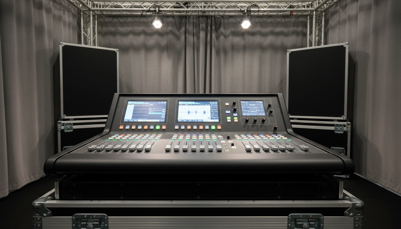 A close-up of a modern digital mixing console with touch-sensitive faders, illuminated LCD screens, and multi-color LED controls, positioned on a sturdy steel equipment rack within an uncluttered expo booth. The console sits against a backdrop of neutral acoustic curtains and glossy black instrument cases. Crisp, targeted LED lighting highlights the interface’s subtle textures and metallic accents, while casting soft, controlled shadows for visual depth. Shot from a low, front-facing angle for dramatic effect, the structured layout and precision of the controls convey reliability and advanced technology. The image atmosphere is sharp, clean, and professional, tailored to a photographic, corporate aesthetic.
